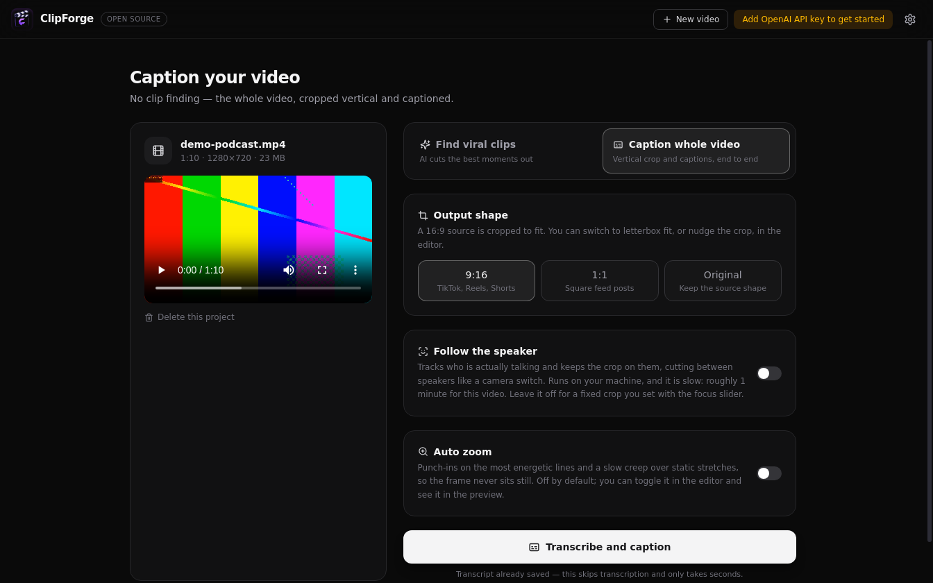 The ClipForge setup screen, choosing between finding viral clips and captioning the whole video, with output shape, speaker tracking and auto zoom options