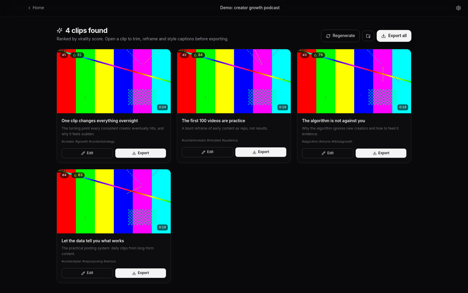 ClipForge listing AI-found clips, each with a virality score and the reasoning behind it