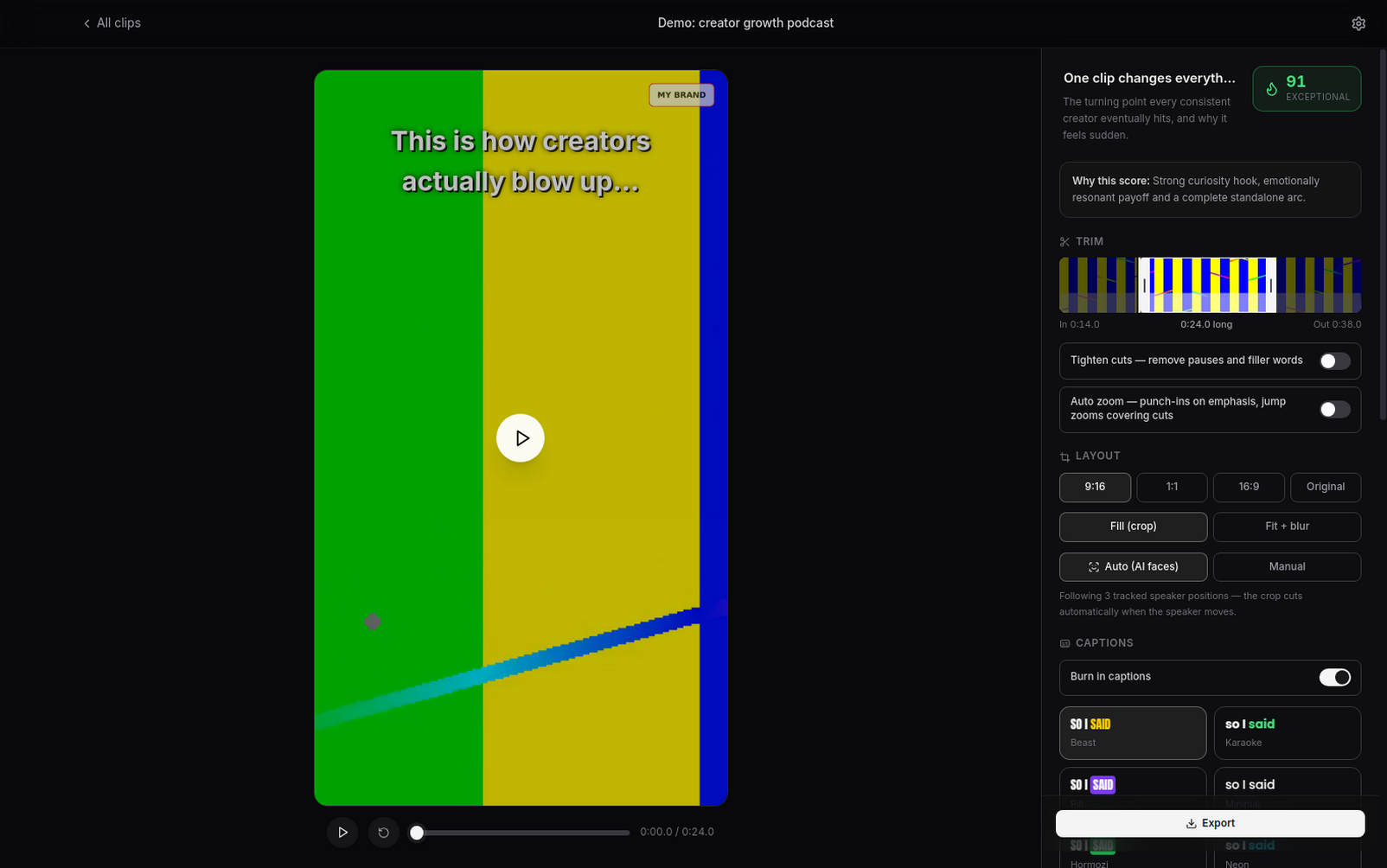 The ClipForge editor showing a live 9:16 preview beside trim, layout and caption controls